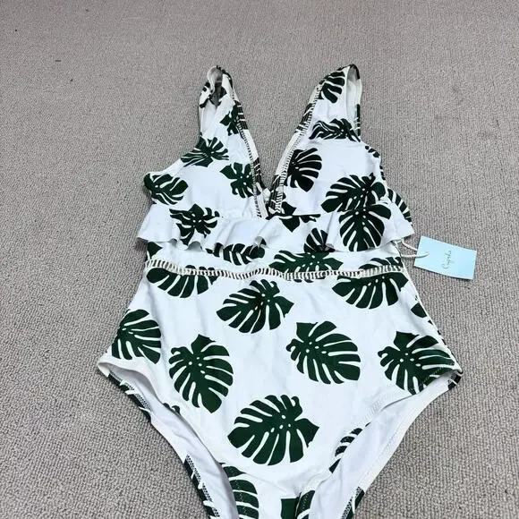 Cupshe One Piece Swimsuit White Green Floral Women’s Size Large NWT - Picture 6 of 11